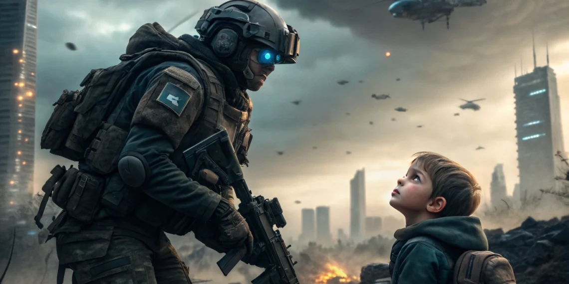 Where to Watch The Creator 2026 - Soldier and AI child in futuristic city from sci-fi movie The Creator