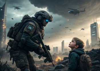 Where to Watch The Creator 2026 - Soldier and AI child in futuristic city from sci-fi movie The Creator